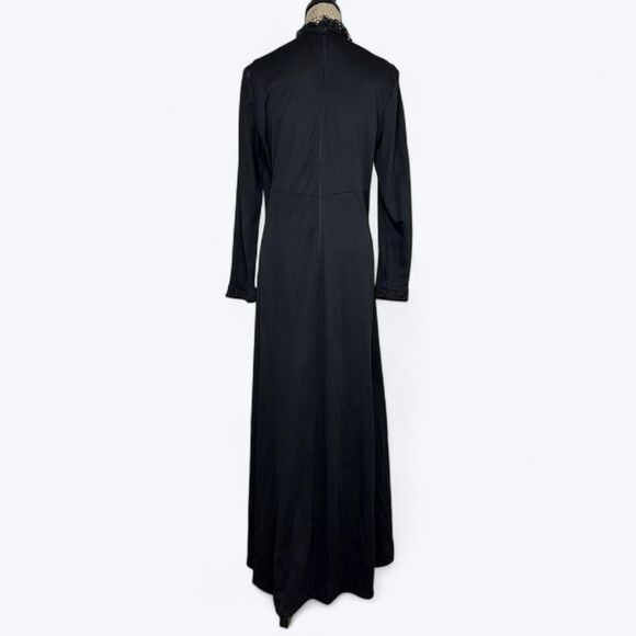 70s Vtg Kay Windsor Black Maxi Dress High Neck Sparkle Trim Goth Witchy Sz S/M? - Picture 2 of 16